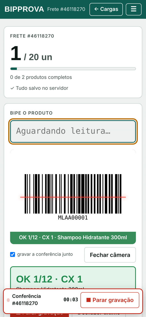 Tela do BipProva no celular lendo o código de barras pela câmera e gravando a conferência